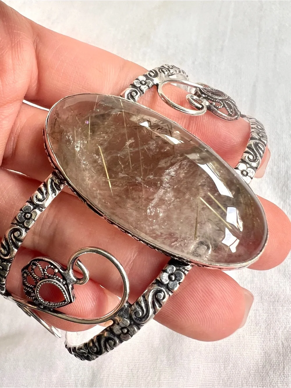 925 Divine Light! GOLDEN Rutile Rutilated SMOKY Quartz Cuff Bracelet